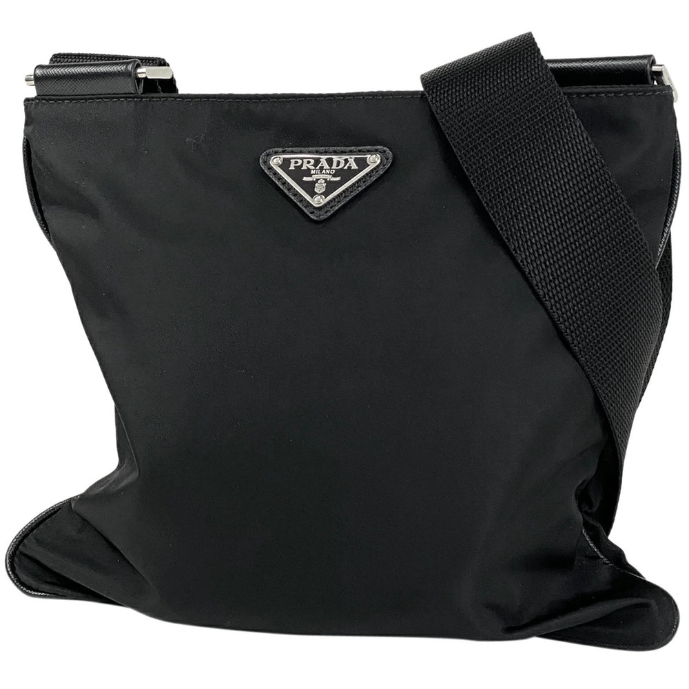 Prada Logo Plate Shoulder Bag Crossbody Tessuto Nero Black